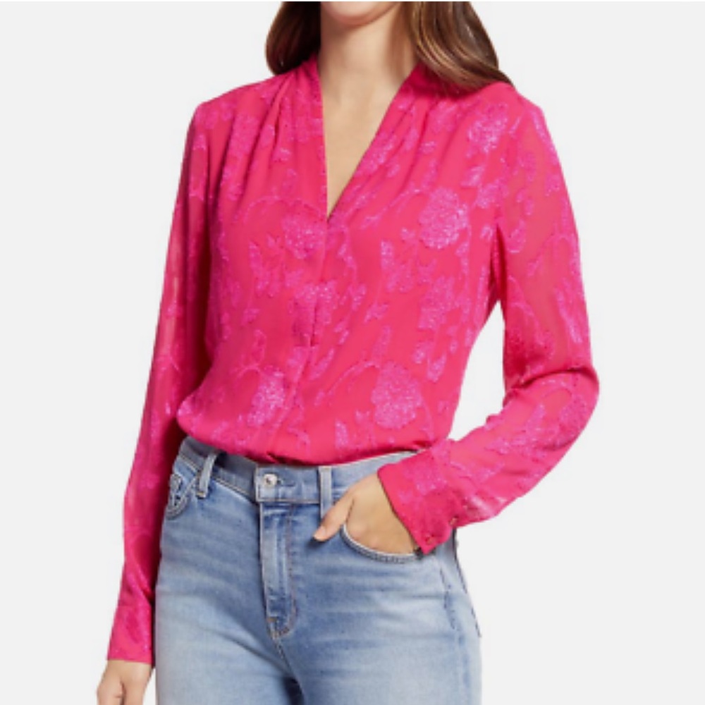 Halogen Floral Jacquard Long Sleeve Blouse In Pink Electric *1